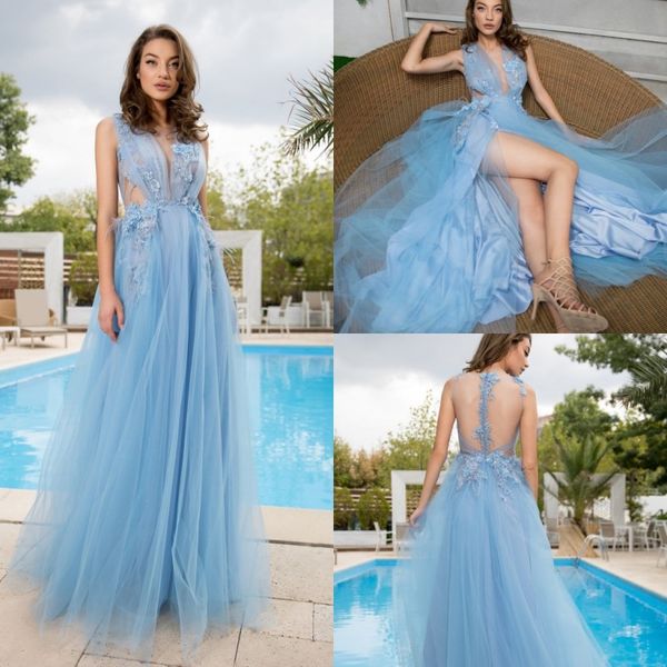 Sky Blue Beach Prom Dresses V Neck Lace apliques Feather Side Dividir Plus Size Evening vestidos Abendkleider vestes de soirée