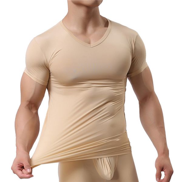 

man undershirt ice silk spandex sheer t shirts male nylon v-neck short sleeves ultra-thin cool thermal sleepwear undershirt, Black;brown
