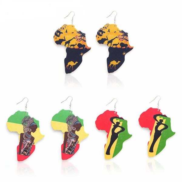 

модные деревянные african карты подвеска серьги печать граффити искусство женский шарм мотаться eardrop женщины ушной крючок вуд серьги ювел, Silver