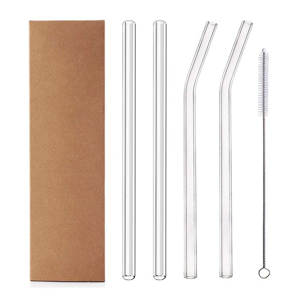 

8mm drinking straws reusable transparent glass straight bent drinking straws with clean brush & box wedding party supply
