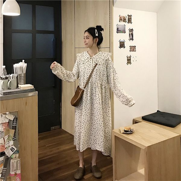 

spring fall korean style women's clothing temperament peter pan collar long vestidos fashion brand loose casual dot sweet dress, Black;gray