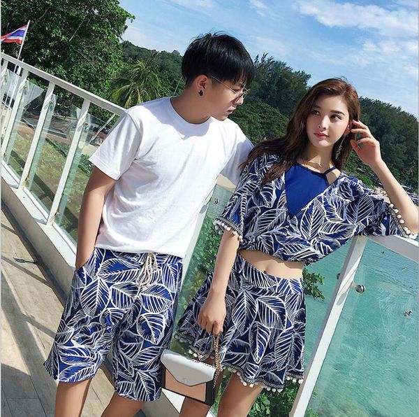 

2019 couples swimwear 3 pieces bikini sets solid with covers up man's beach shorts lover's printed swimsuit bikini set