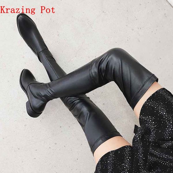 

krazing pot 2019 genuine leather round toe stretch over-the-knee boots thick heels superstar wear thin leg thigh high boots l3f1, Black