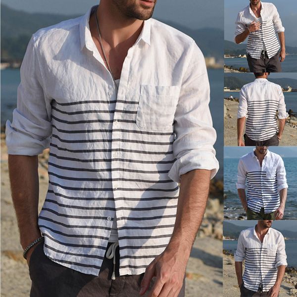 

explosive summer long-sleeved striped button cotton and linen short-sleeved shirt men vintage button linen solid long sleeve, White;black
