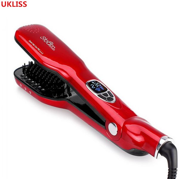 

2019 steam hair straightener brushes flat iron professional ceramic tourmaline steampod hair iron comb spray straightening, Black