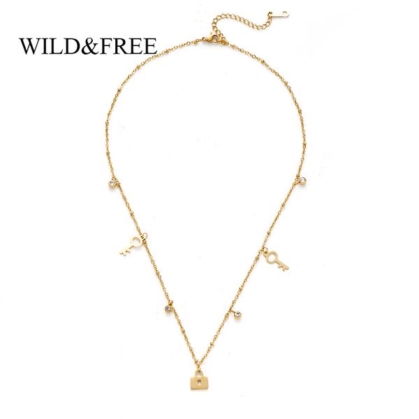 

wildfree нежный нержавеющей стали цепи колье ожерелье для женщин минималистский замок ключ кристалл кулон короткий свитер ожерелья, Silver