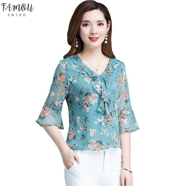 

женщины корейский стиль весна лето шифон блузки рубашки леди повседневная половина flare рукавом цветок печатных v образным вырезом blusas т, White