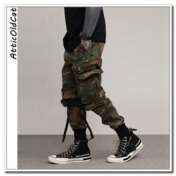 

atticoldcat original tide brand 2019 new european and american retro camouflage pants multi-pocket overalls men jogging pants, Black