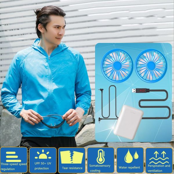 

zipper hiking sports ventilation sun protection air conditioning coat jacket hooded waterproof smart with cooling fan usb, Gray;blue