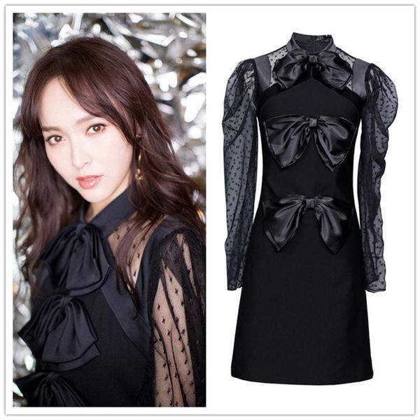 

xiao go back to qing, tang yan, star, same black dress, 13 lines bowknot, wave dot, mesh, splicing and perspective, Black;gray