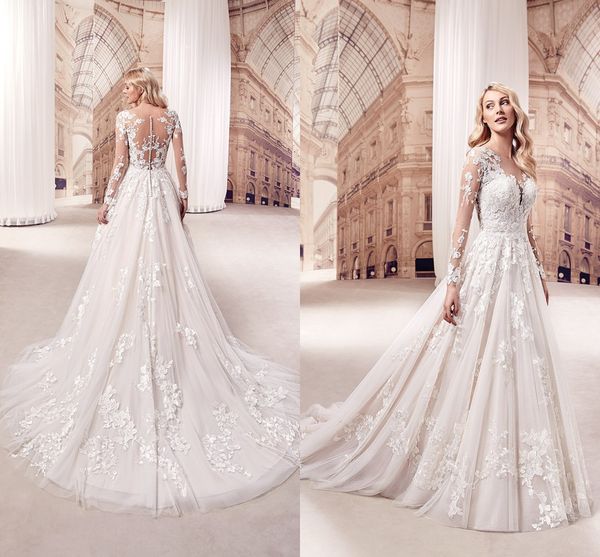 

2019 new long sleeves illusion plus size wedding dress lace applique sheer neck see through back sweep train wedding dress bridal gowns, White