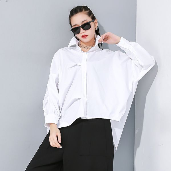 

lanmrem solid color lapel single breasted long sleeve shirt women streetwear loose big size irregular 2020 new spring pc739, White