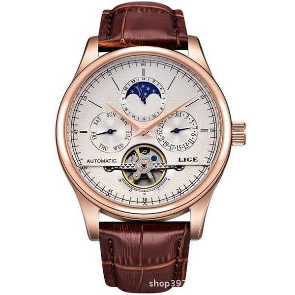 

2019 new man wristwatches automatic male surface genuine leather bring waterproof more function motion table mechanical mens casual watches, Slivery;brown