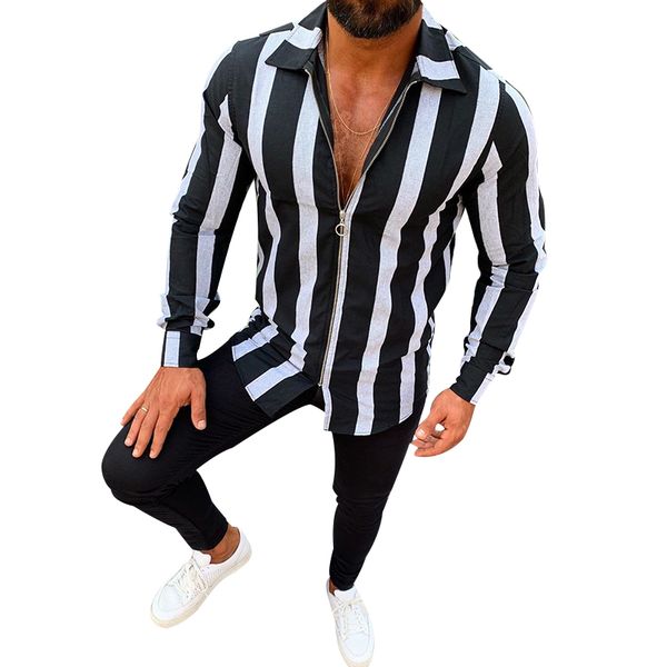 

mens fashion striped shirts casual business long sleeve zipper streetwear slim fitness turn-down collar blouse black spring, White;black