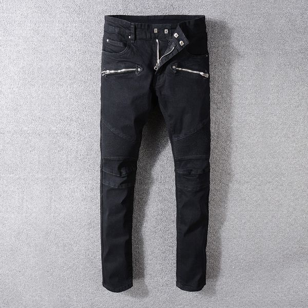 

mens jeans fashion europe and america high street locomotive jeans zipper design punk stitching black trousers slim pencil pants, Blue