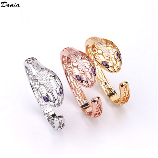 

donia jewelry tri color electroplated exaggerated micro inlaid zircon hollow snake shaped copper bracelet personalized designer bracelet, Black