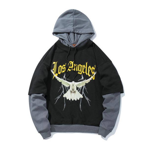 

2019 streetwear hoodies men engle printed fake two pcs rapper autumn winter sweatshirts casual pullover men hiphop sport hoodies, Black