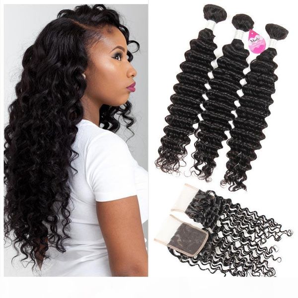 

brazilian deep wave bundles with closure 10a brazilian virgin hair wet and wavy human hair weave with lace closure middle 3 part, Black