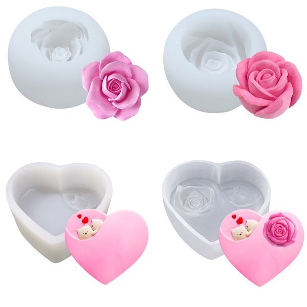 Flower Silicone Mold rosa Mousse Mousse Bolo Molde de Gelo Esfera Heart Soap Candle Fazer ferramenta