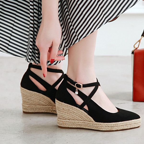 

straw weave bohemia style pumps women summer casual buckle strap pointed boat shoes elegant female mid heel wedges beach pump, Black