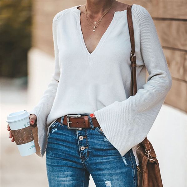 

casual v neck sweater women autumn winter knitted sweaters flare long sleeve knitting pullovers loose femme jumper sueter muje, White;black