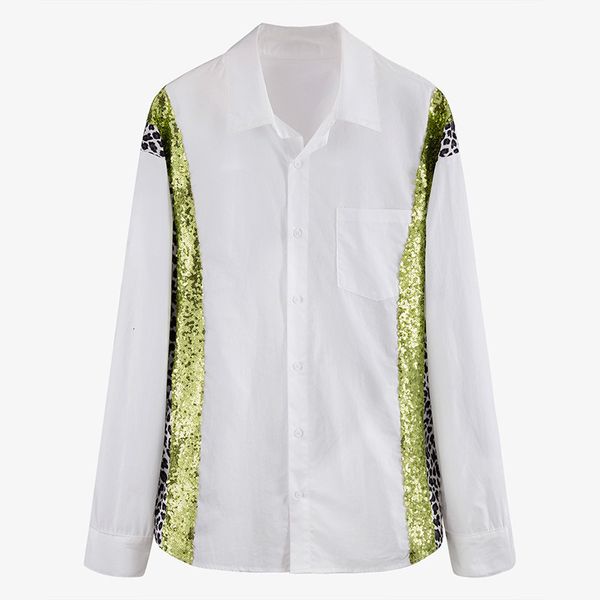 

women white sequins leopard big size blouse new lapel long sleeve loose fit shirt fashion tide spring autumn 2020 1n086
