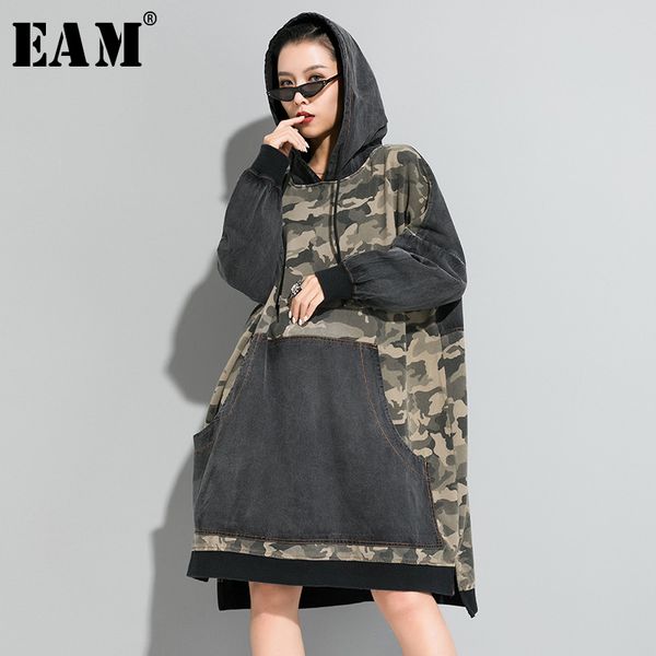 

eam] women gray camouflage big size denim long dress new hooded long sleeve loose fit fashion tide spring autumn 2020 1r655, Black;gray