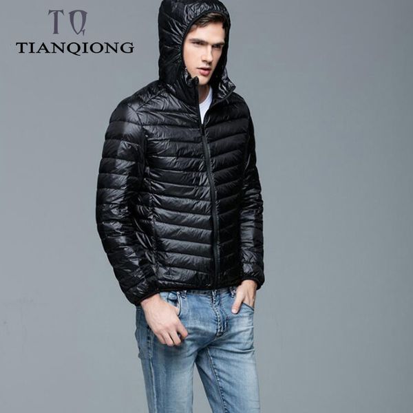 

tian qiong brand autumn winter light down jacket men's fashion hooded short large ultra-thin lightweight youth slim coat 4xl, Black