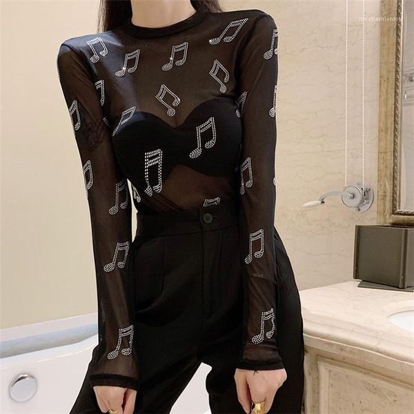 

bottoming shirt fashion black mesh diamond black sheer inside long sleeve tshirt womens perspective, White