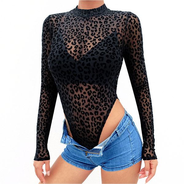 

women bodysuits leopard printed vest polyester ladies black long sleeve crew neck mesh perspective fashion jumpsuit, Black;white