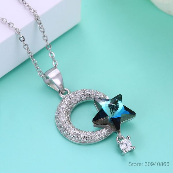 

lekani genuine 925 sterling silver crescent moon & star crystal from swarovski pendant necklaces for women fine jewelry gifts