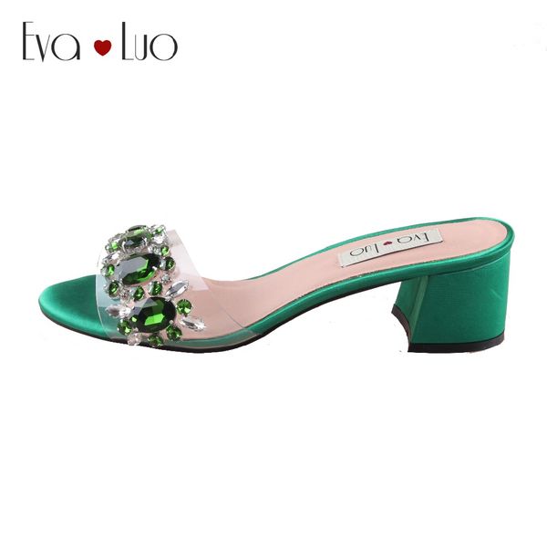 

chs1003 custom made african rhinestones green block heel low heel women slipper wedding shoes women slides party shoes, Black