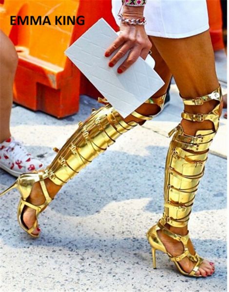 

emma king chic golden silver buckles cut-out knight boots knee high heels peep toe boots sandals ladies gladiator dress shoes, Black
