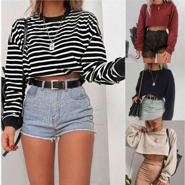 

fashion 2019 women's long sleeve crop ladies casual loose striped blouse cotton shirt pullover streetwear