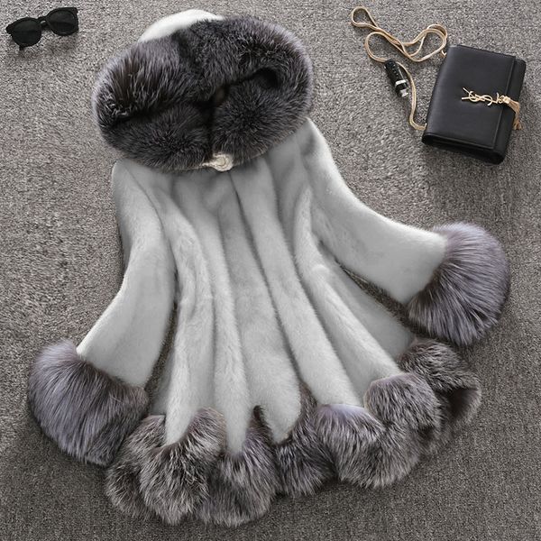 

plus size 10xl luxury women winter warm faux fur jacket female fur hoodied imitation coat skirt style warm jacket, Black