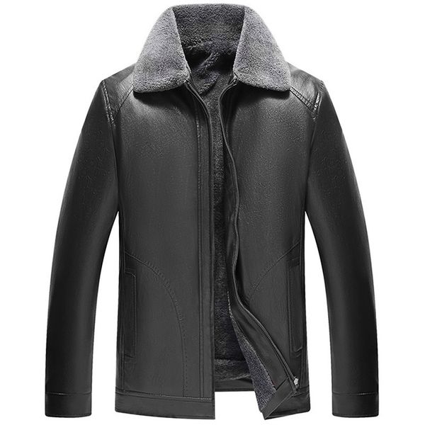 

2019 winter wool liner leather jacket men's large size loose thick fur collar jacket men's middle-aged casual warm leather coats, Black