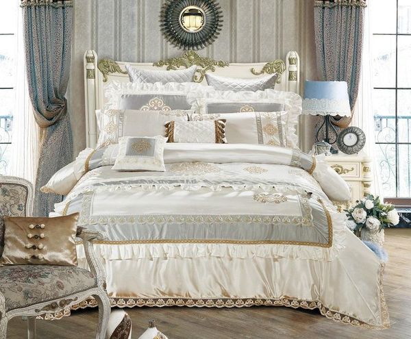 

cotton silk /king size white beige royal bedding set duvet cover cotton bed spread bedlinen 11pcs decorative pillow