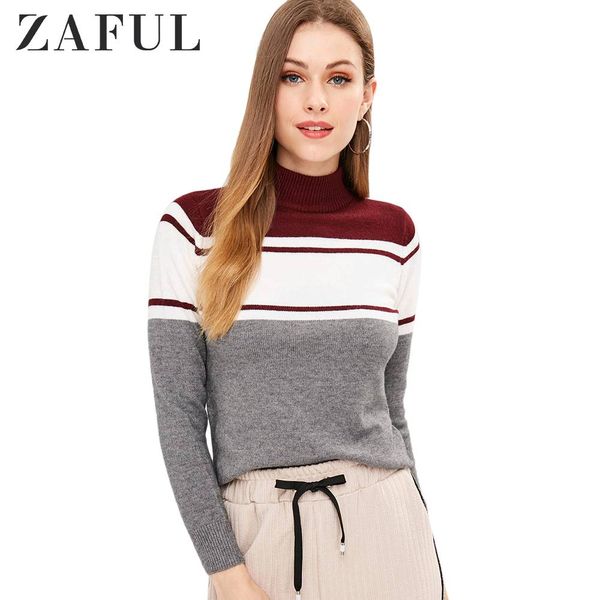 

zaful mock neck striped slit sweater elastic autumn winter slim warm pullovers adorable style multicolor high neck  2019, White;black