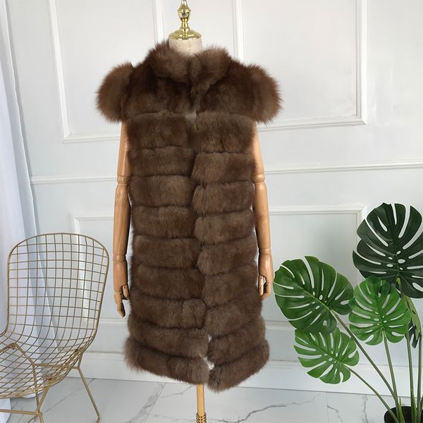 

cnegovik new women vest suit collar long real fur vest 85 cm, Black