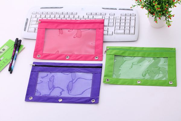 

100pcs 3 ring binder zipper pencil pouch with clear window sundries storage bag office organization 6 colors wen6529