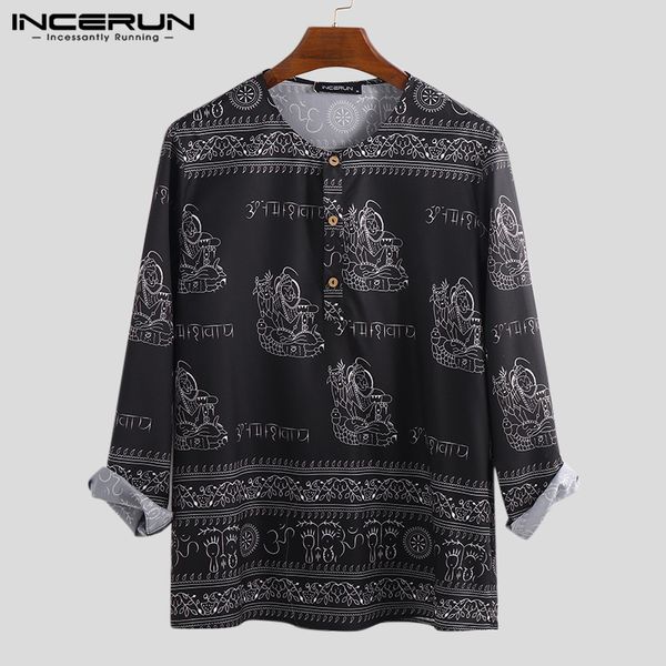 

incerun 2019 men casual t shirt ethnic style printed long sleeve streetwear crew neck vintage men t-shirts camiseta hombre s-5xl, White;black