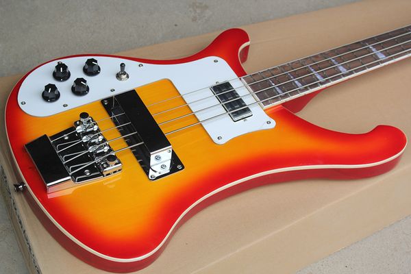 

factory custom cherry sunburst 4-string electric bass guitar with left-hand,white pickguard,chrome hardwares,offer customized