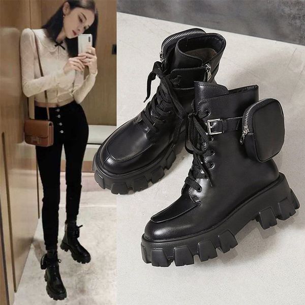 

women punk pocket ankle boot ladies boots female lace up combat runway buckle strap short boot woman platform fashion shoes, Black