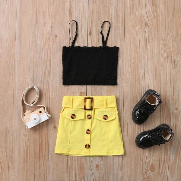 

summer toddler kids baby girls skirt clothing set lace vest t shirt button bow skirt 2pcs outfits set tube top, White