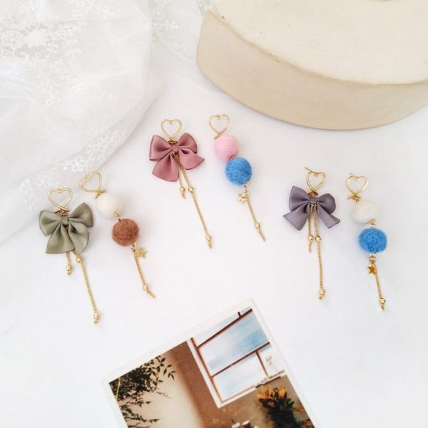 

korean fashion simple bowknot hairball dangle earrings girl women creative personality asymmetry colorful jewelry accessories, Silver