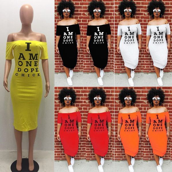 

women letter long dress i am one dope chick printed dress summer off shoulder one-piece skirt bodycon short sleeve dress party clothes 2020, White
