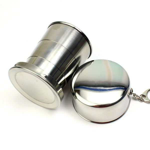 

stainless steel portable folding cup mug, travel camping collapsible reusable cup for outdoor hiking, with keychain 75 ml