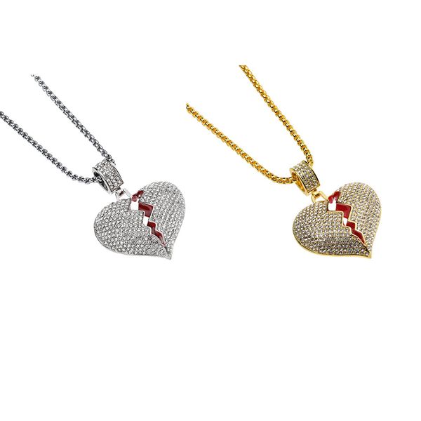 

broken heart pendant necklaces men women love bling crystal rhinestone iced out charm gold silver painting chain for lovers hip hop jewelry