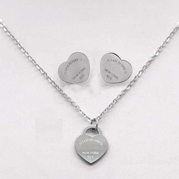 

brand silver titanium stainless steel letter double love heart t earrings necklace for women wedding jewelry