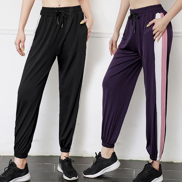 

yoga pilates pants women soft solid lace up jogger gym fitness loose bandage high waist pocketed pants, Black;blue